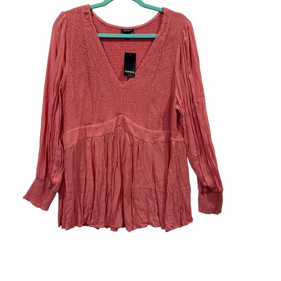 torrid Tops - Torrid Pink Long Sleeve Crinkle Babydoll Blouse Smocked V-Neck Top Plus 2 2X